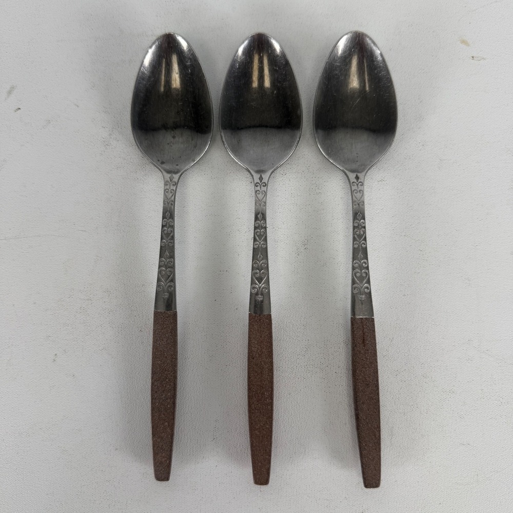 VTG Interpur Stainless Flatware 3 Pcs TEASPOONS 6 3/4" Brown Canoe Wood Japan